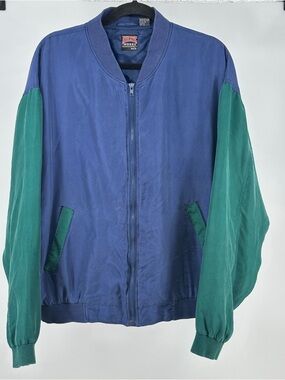 Women’s Large Athletic Works Blue and Green Silk Varsity  Bomber Jacket Vintage
